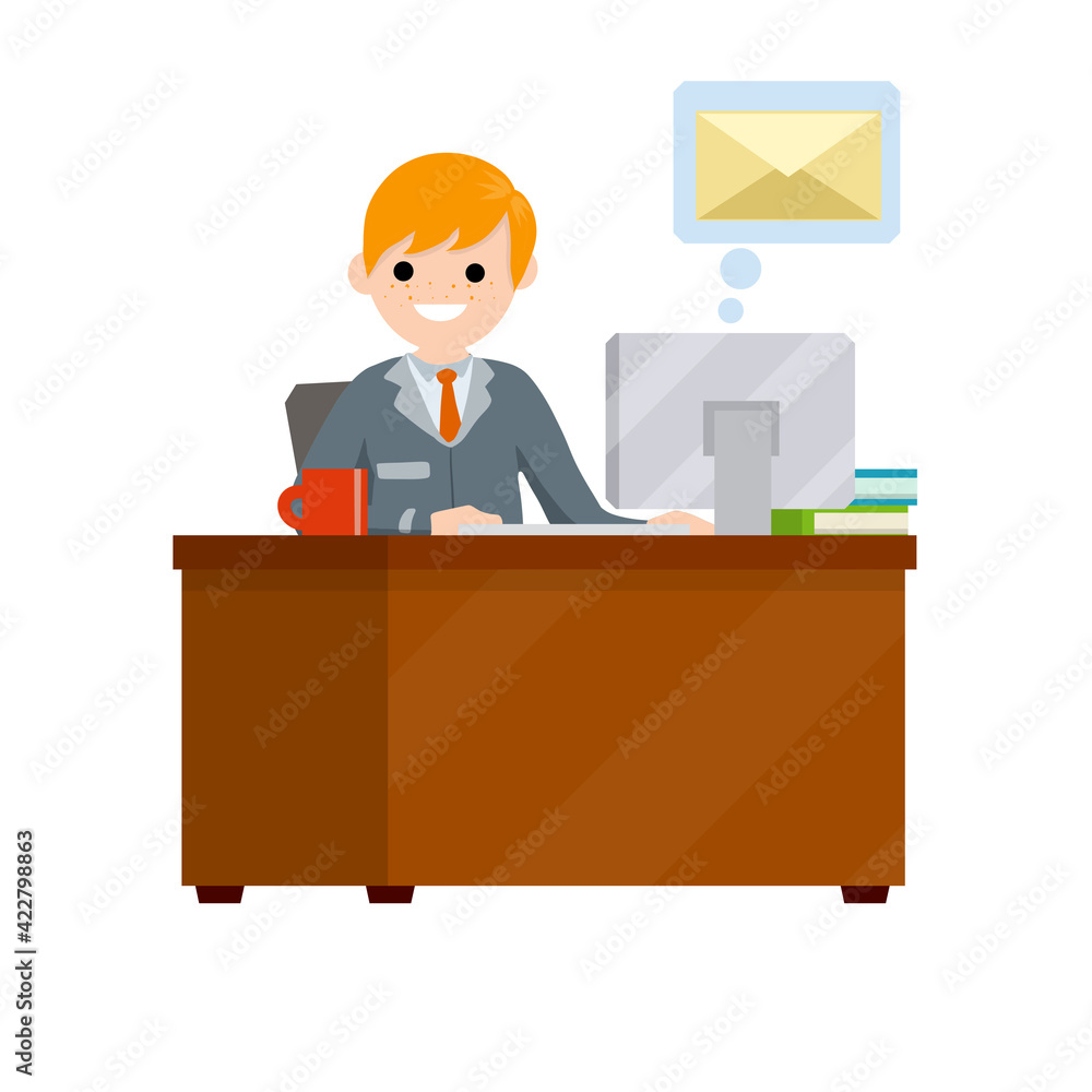 Young man sit at table with computer and receives letter. Work in office. E-mail in messenger, chat with friends on Internet. Postal envelope in bubble. Cartoon flat illustration Young man sit at table with computer and receives letter. Work in office. E-mail in messenger, chat with friends on Internet. Postal envelope in bubble. Cartoon flat illustration
