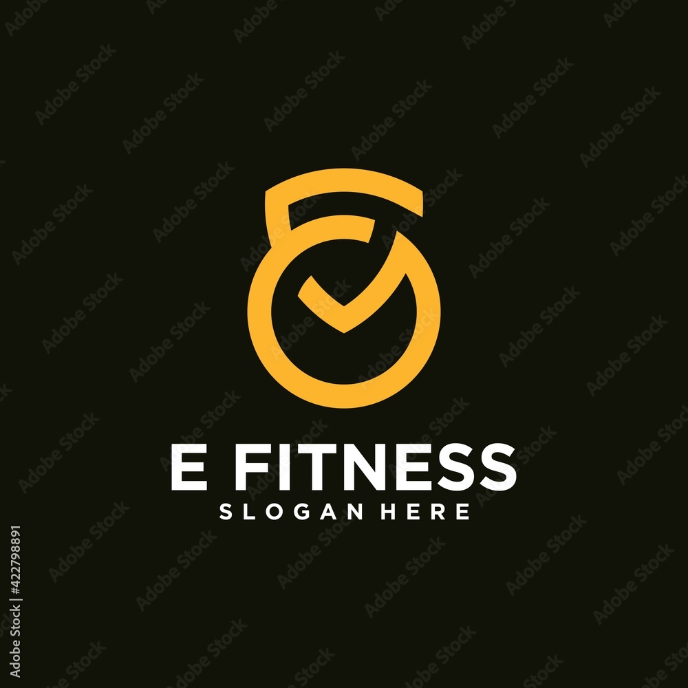 E fitness logo logo with Kettlebell fitness vector icon design and Barbell Fitness Gym Logo Design