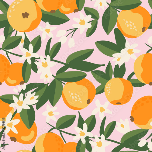 Summer tropical seamless pattern with colorful oranges and flowers.Vector citrus fruits background. Modern exotic floral design for paper, cover, fabric, interior decor and other users.