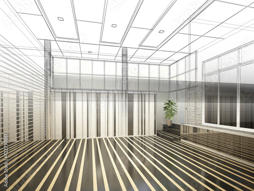 sketch design of interior hall, 3d rendering © Suwatchai