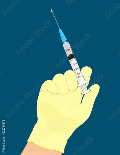 It's time to get vaccinated. Flat concept of a syringe with a vaccine. The doctor's hand holds a syringe. Isolated. Vector