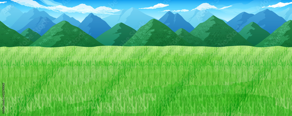 田んぼと山の風景イラスト 横スクロールゲームの背景 シームレス Stock Vector Adobe Stock