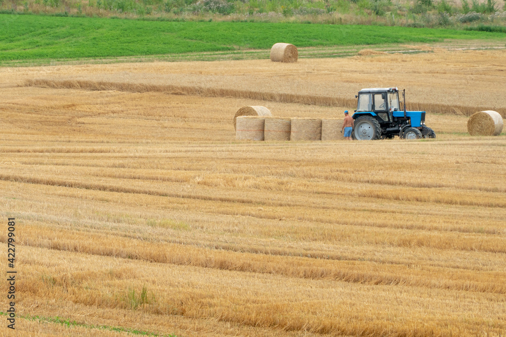 In the field, there is a tractor next to a bale of hay. Bales of hay or straw are scattered across the field. Tired farmers rest after hard work. In the field, there is a tractor next to a bale of hay. Bales of hay or straw are scattered across the field. Tired farmers rest after hard work.