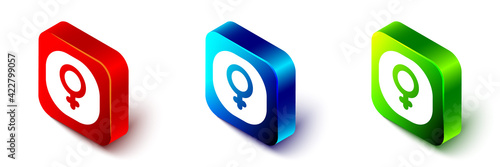 Isometric Venus symbol icon isolated on white background. Astrology, numerology, horoscope, astronomy. Red, blue and green square button. Vector
