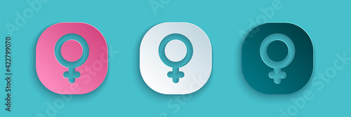 Paper cut Venus symbol icon isolated on blue background. Astrology, numerology, horoscope, astronomy. Paper art style. Vector