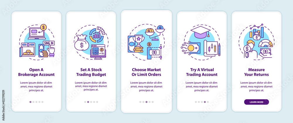 Stock trading steps onboarding mobile app page screen with concepts. Open account, setting budget walkthrough 5 steps graphic instructions. UI, UX, GUI vector template with linear color illustrations