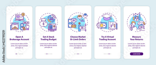 Stock trading steps onboarding mobile app page screen with concepts. Open account, setting budget walkthrough 5 steps graphic instructions. UI, UX, GUI vector template with linear color illustrations