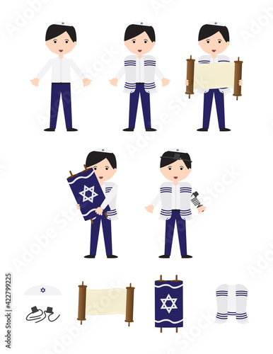 Jewish boy Bar Mitzvah set - Set of vector character with tallit, tefillin, kippah, Torah scroll on White background