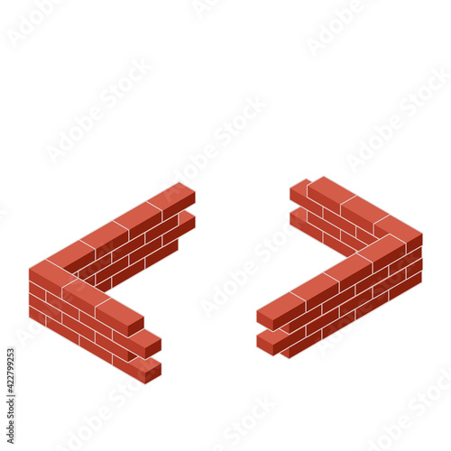 Red brick wall of house. Element of building construction. Corner of Stone object. Isometric illustration. Symbol of protection and security