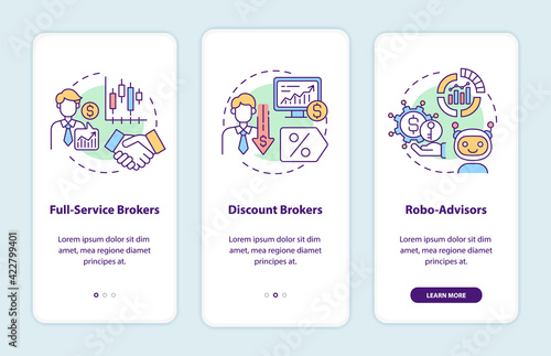 Broker types onboarding mobile app page screen with concepts. Full service, discount stockbrokers walkthrough 3 steps graphic instructions. UI, UX, GUI vector template with linear color illustrations