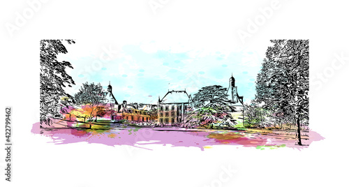 Building view with landmark of Poitiers is a city in western France. Watercolour splash with hand drawn sketch illustration in vector.