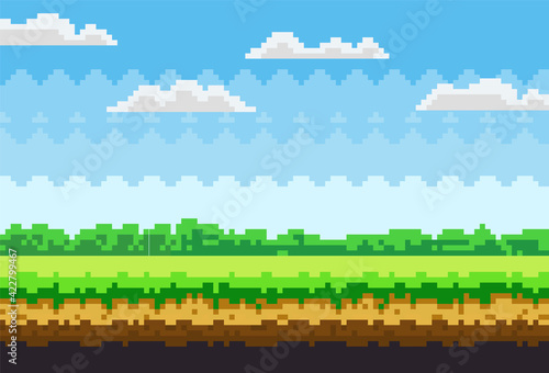 Pixel scene with green grass and forest in distance against blue sky with clouds, pixelated template
