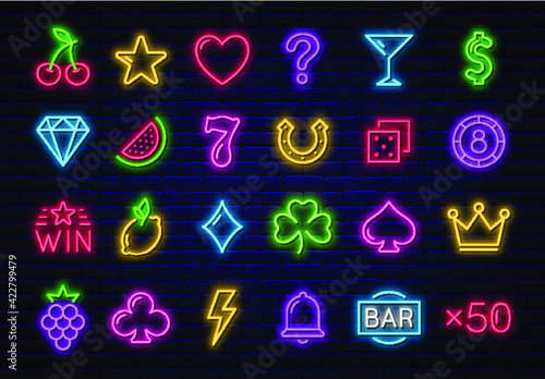 Casino icons for slot machine. Set of glowing neon gaming icons. Casino and gambling signs, fruits and online casino icons for slot machine bar. Vector