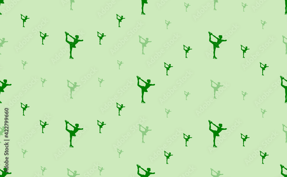 Seamless pattern of large and small green figure skating symbols. The elements are arranged in a wavy. Vector illustration on light green background