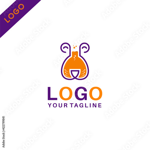 Smiling dog lab logo, chemical bottle combination with dog face image, perfect for dog research company, or dog breeding etc.