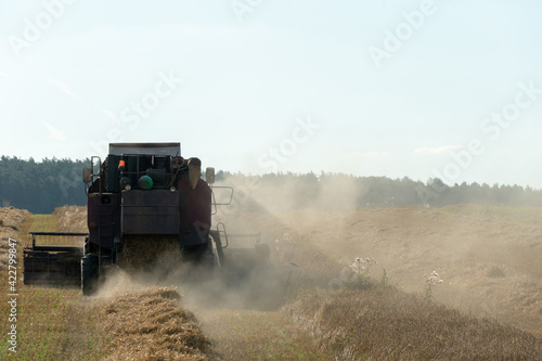 combine harvester while working in the field with wheat during the harvesting campaign. Dust from harvesting equipment in an agricultural field. The harvest season of grain crops. © Pokoman