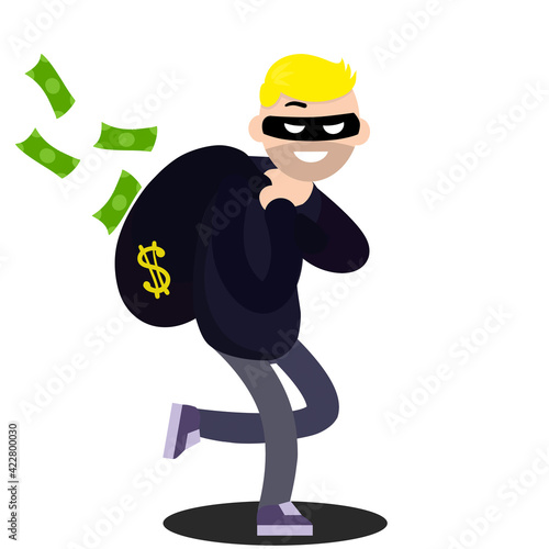 Thief with bag of money. Problem of urban economic security. Cartoon flat illustration. Bank robbery. Funny criminal man in black mask