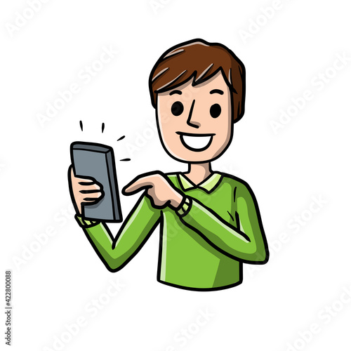 Man with mobile phone. Cartoon hand drawn sketch illustration. Young guy with modern device. Happy character