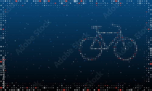 On the right is the bicycle symbol filled with white dots. Pointillism style. Abstract futuristic frame of dots and circles. Some dots is red. Vector illustration on blue background with stars