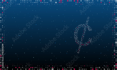 On the right is the cent symbol filled with white dots. Pointillism style. Abstract futuristic frame of dots and circles. Some dots is pink. Vector illustration on blue background with stars