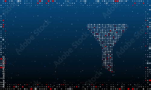 On the right is the funnel symbol filled with white dots. Pointillism style. Abstract futuristic frame of dots and circles. Some dots is red. Vector illustration on blue background with stars