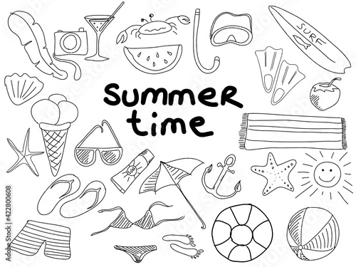 A set of doodle drawings on the theme of a summer beach holiday.
