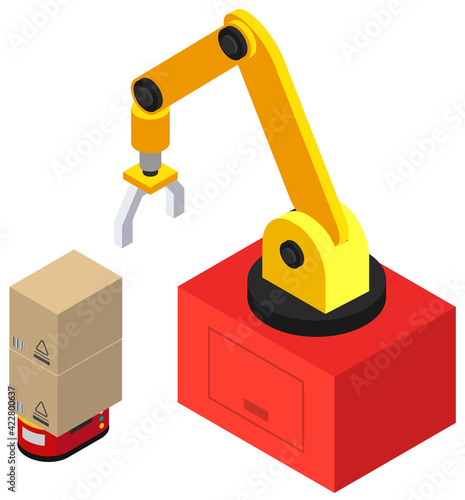 Modern technical manipulator picks up boxes with parcels. Robotic arm mechanical device for loading