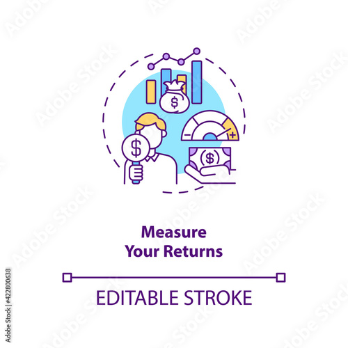 Measuring returns concept icon. Stock trading step idea thin line illustration. Calculating potential percents. Economic, market conditions. Vector isolated outline RGB color drawing. Editable stroke
