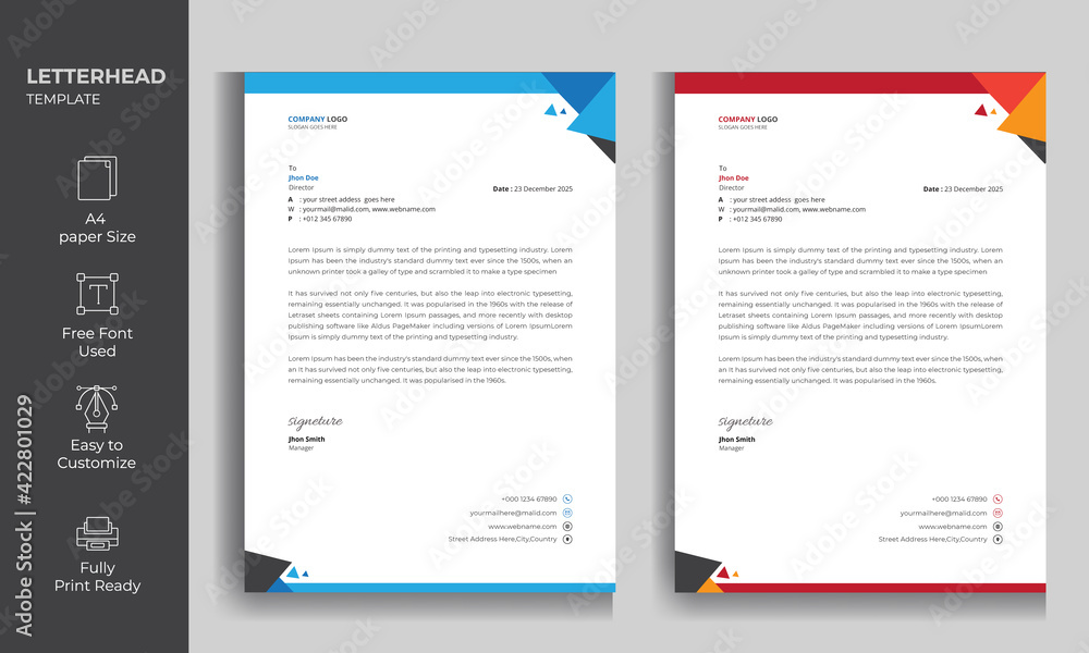 Creative Letterhead Design Template 2 color Variation A4 Sie fully editable print Ready 