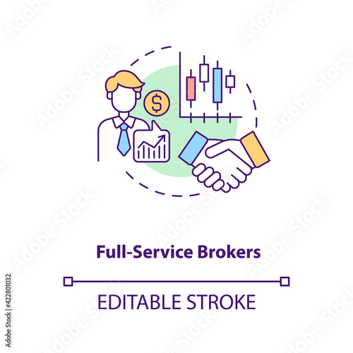 Full-service brokers concept icon. Broker type idea thin line illustration. Purchasing and selling assets. Sectoral and stock analysis. Vector isolated outline RGB color drawing. Editable stroke