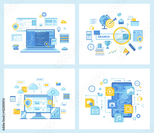 Set of  flat vector illustrations for Web Development Programming Coding. Web search technology, Search engine, SEO. Cloud storage, Computing. Mobile App Development. Concept for websites.