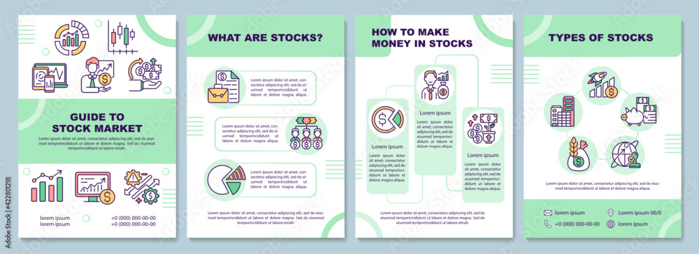 Guide to stock market brochure template. What are stocks. Flyer, booklet, leaflet print, cover design with linear icons. Vector layouts for presentation, annual reports, advertisement pages