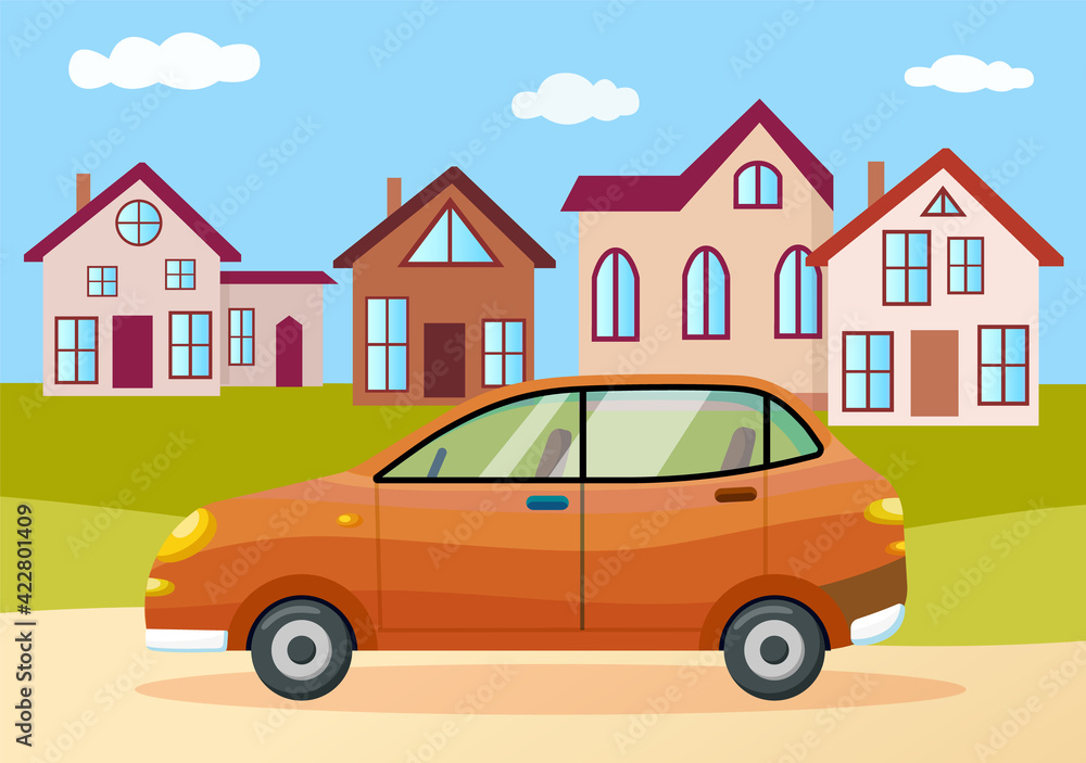 Modern car parking along town street in cartoon style. Vehicles car on city street Modern car parking along town street in cartoon style. Vehicles car on city street