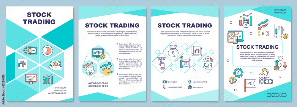 Stock trading brochure template. Earning money online. Flyer, booklet, leaflet print, cover design with linear icons. Vector layouts for presentation, annual reports, advertisement pages
