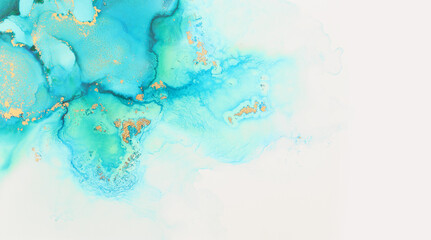 art photography of abstract fluid art painting with alcohol ink, blue and gold colors