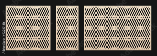 Laser cut pattern set. Decorative panels for laser cutting. Cutout silhouette with abstract geometric ornament, diamond grid, lattice, mesh. Cutting stencil for wood, metal. Aspect ratio 1:2, 1:1, 3:2