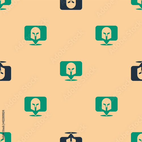 Green and black Greek helmet icon isolated seamless pattern on beige background. Antiques helmet for head protection soldiers with a crest of feathers or horsehair. Vector