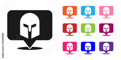 Black Greek helmet icon isolated on white background. Antiques helmet for head protection soldiers with a crest of feathers or horsehair. Set icons colorful. Vector