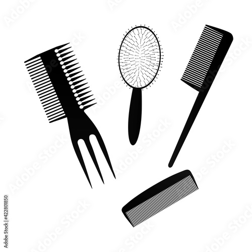 A black hair comb on a white background. Vector illustration. A set of insulated combs for the hairdresser.