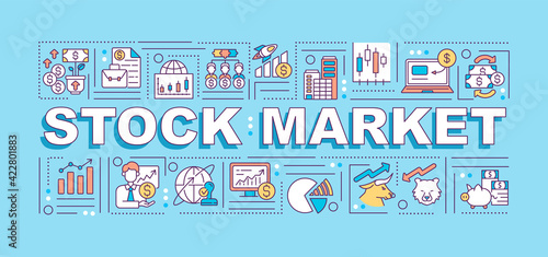 Stock market word concepts banner. Long term money investment strategy. Infographics with linear icons on blue background. Isolated typography. Vector outline RGB color illustration