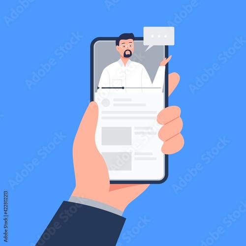 A hand is holding a smartphone with a video player. Watching a video, course, webinar, tutorials online. Vector flat illustration.