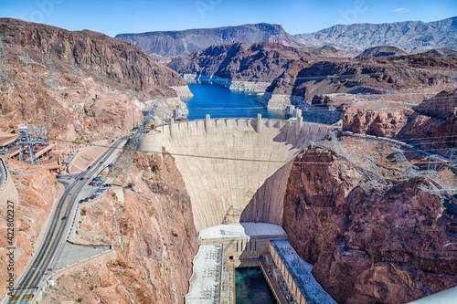 View of the Hoover Dam, a concrete gravitational arc dam, built in the Black Canyon on the Colorado River.