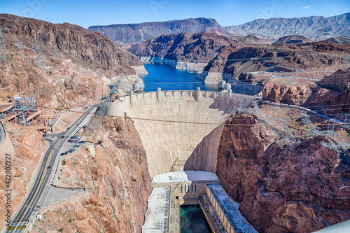 View of the Hoover Dam, a concrete gravitational arc dam, built in the Black Canyon on the Colorado River. photo