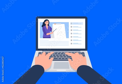 A man is watching a video on the laptop. Watching a course, webinar, tutorials online. Vector flat illustration.