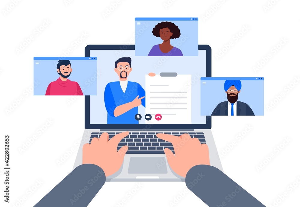 A group of students study online. Using a laptop for education during an epidemic. Vector flat illustration. A group of students study online. Using a laptop for education during an epidemic. Vector flat illustration.
