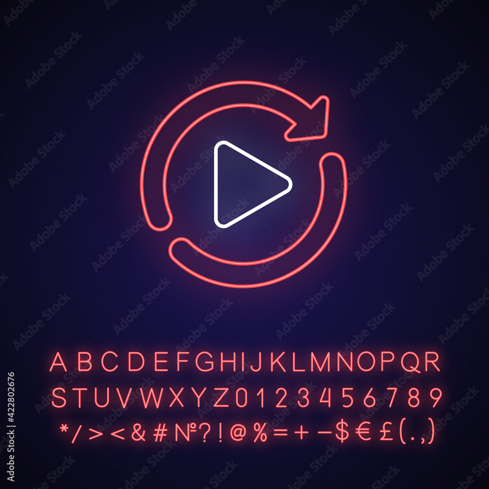 Restart neon light icon. Media player interface element, play again button. Digital entertainment. Outer glowing effect. Sign with alphabet, numbers and symbols. Vector isolated RGB color illustration Restart neon light icon. Media player interface element, play again button. Digital entertainment. Outer glowing effect. Sign with alphabet, numbers and symbols. Vector isolated RGB color illustration