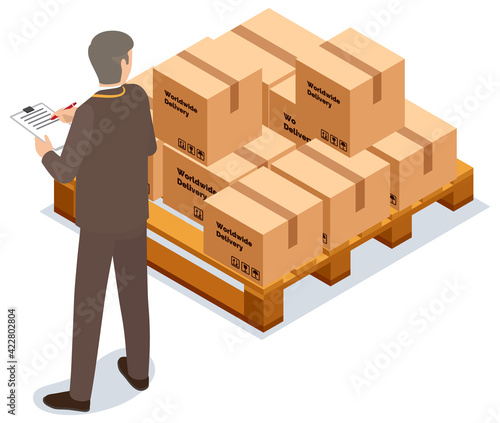 Worldwide sales concept. Worker loading boxes on carrier. Man holding box, put it on stack