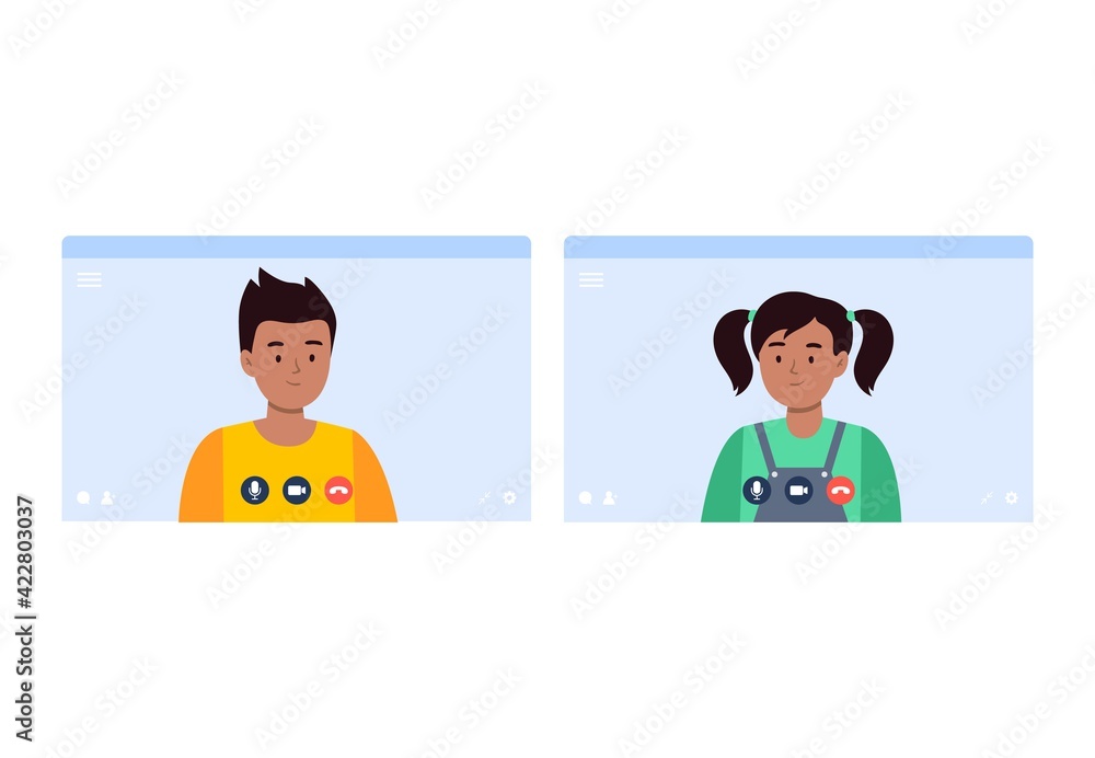 Fototapeta premium An Indian boy and a girl talk on a video call. Virtual communication with friends, classmates. Vector flat illustration.