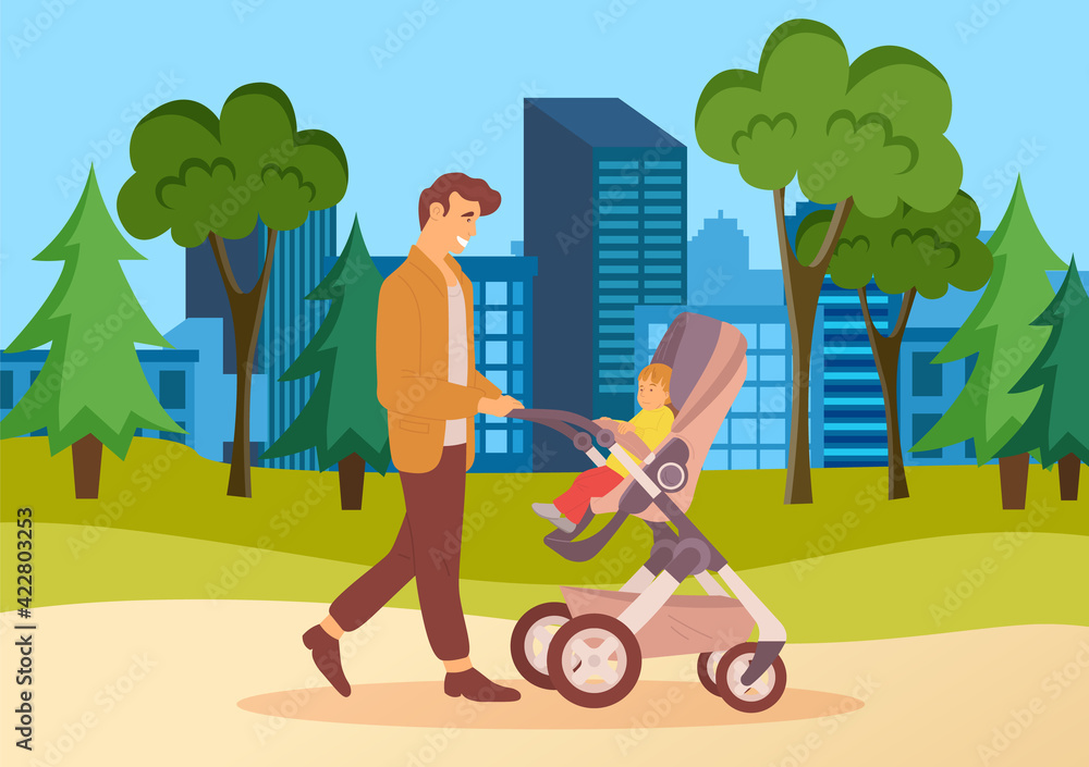 Young father walking with baby stroller in city park. Dad spend time with his son ourdoors