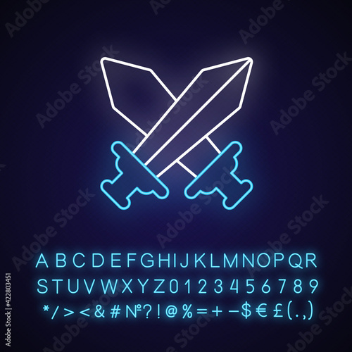 Videogame battle neon light icon. Competitive action game, PVP mode. Outer glowing effect. Sign with alphabet, numbers and symbols. Crossed swords vector isolated RGB color illustration